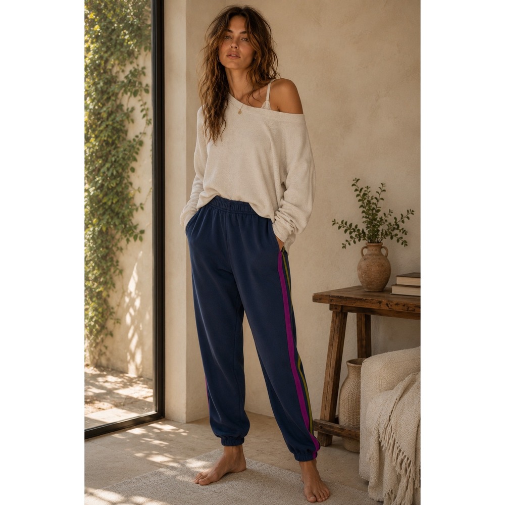 Natural Life Womens Navy Blue‎ Multi Color Side Stripe Jogger Sweatpants XS Flaw